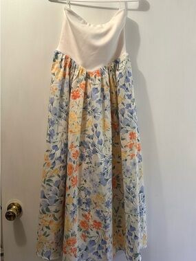 Floral Tea Length Strapless Dress - Pastel Floral